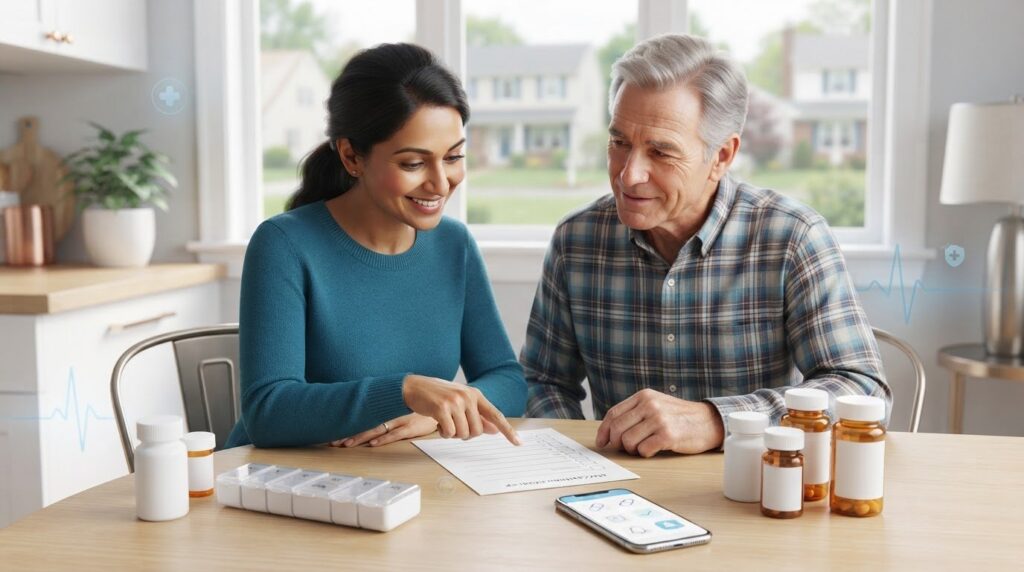 How to review prescriptions, list medications, and choose reminders for elderly parents